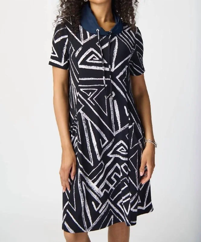 Value Deals Abstract Print Silky Knit A-Line Dress In Midnight Blue/vanilla