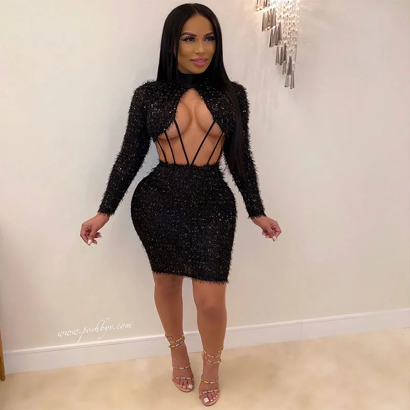 Special Discount Sequin Cutout Fur Bodycon Long Sleeve Stretch Dress