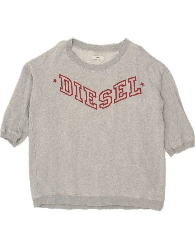Quick Sale DIESEL Womens 3/4 Sleeve Graphic Sweatshirt Jumper UK 16 Large Grey Cotton