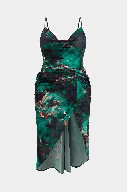 Final Clearance Plus Size Tropical Print Slip Sleeveless Midi Dress