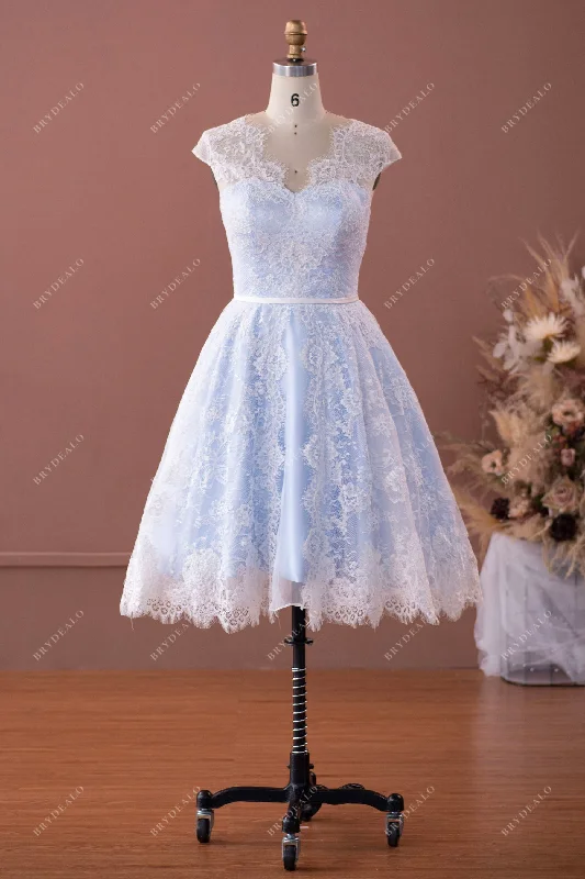 Special Offer Vintage Lace Sky Blue Cap Sleeve Tea Length Wedding Dress