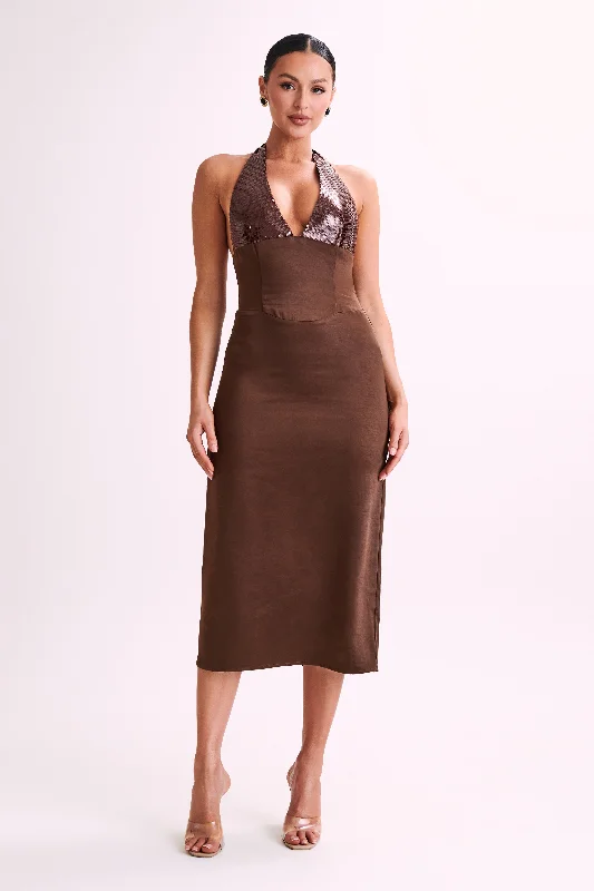 Can't Miss Ebony Satin Midi Dress With Sequins - Chocolate